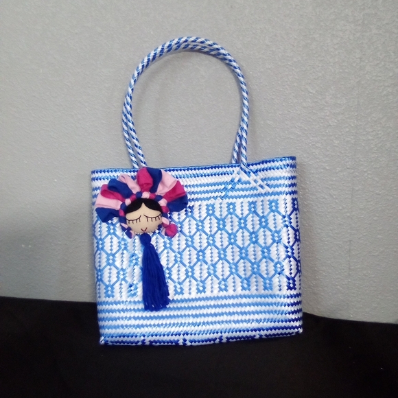 Blue and White Woven Tote Bag - Picture 1 of 4